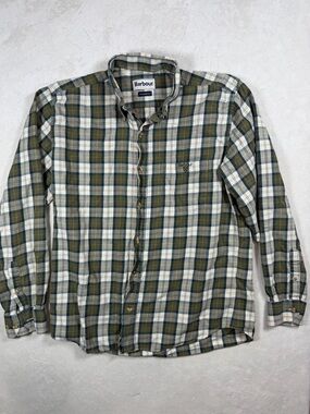 Barbour Size Medium Olive, White & Navy Plaid Button-Down Shirt Barbour Logo